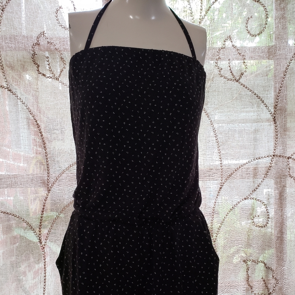 CAbi Black Halter Romper with Tiny White Dot Print
